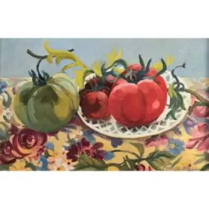 Claude Van de Walle N17 Belles tomates sur nappe à fleurs