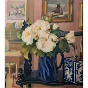 Claude Van de Walle N23 Roses Sombreuil blanches, vase bleu