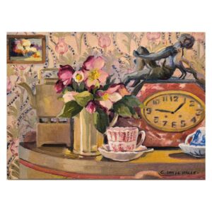Horloge au paon, hellébores roses, huile de Claude Van de Walle