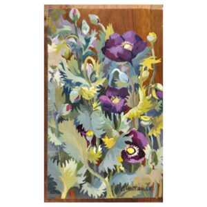 Trois pavots violets huile sur panneau de Claude Van de Walle