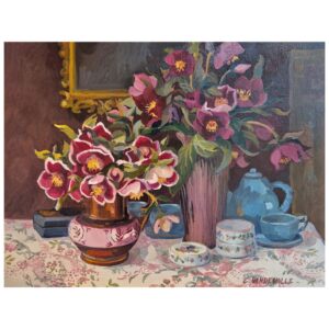 Hellébores rouges, théière bleue huile sur panneau Claude Van de Walle