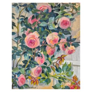 Roses Ronsard devant la vieille porte huile sur panneau Claude Van de Walle
